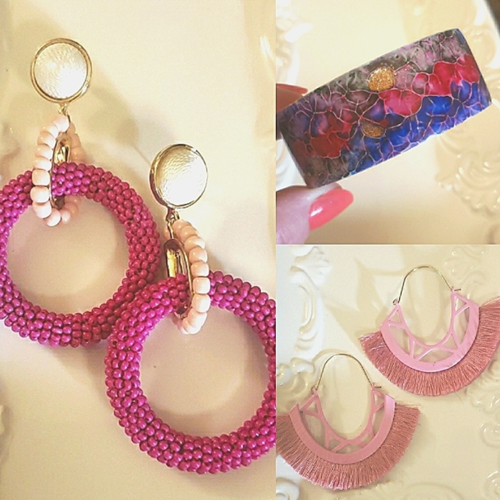 Pink and Purple Jewelry Bundle~ 2 pairs Earrings and a Unique Cuff/Bracelet
